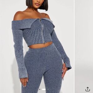FASHION NOVA Blue Ribbed Off-Shoulder Pants Set | Stretchy Coord Outfit | Size S